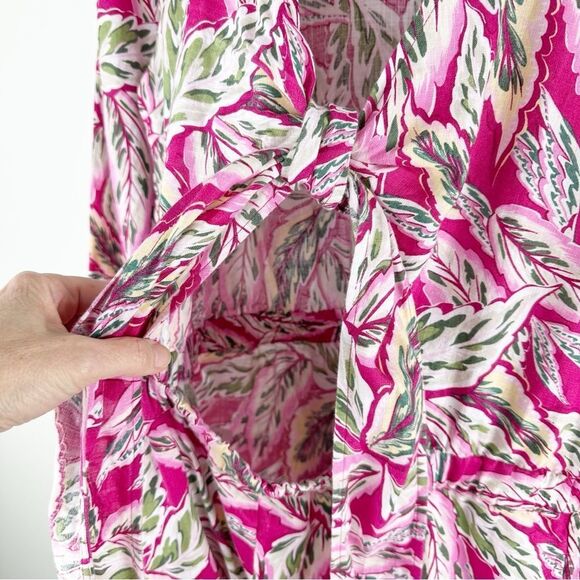 LOFT Beach Palm Tie Front Linen Pink Floral Print 3/4 Puff Sleeve Romper, Size M - Picture 5 of 15